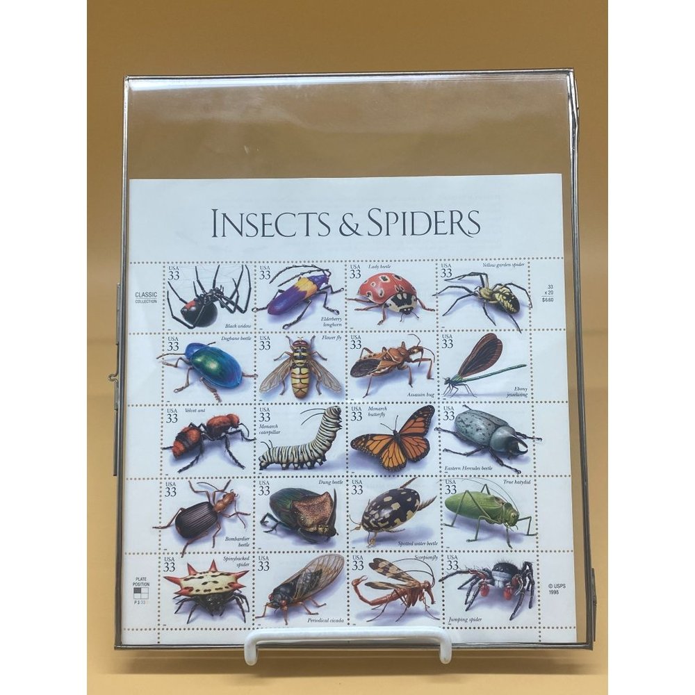 Insects & Spiders 33¢ US Stamp Page USPS 1998 20 Stamps w/Glass Bi-fold Folder P